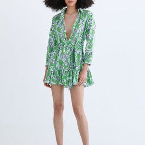 Zara | Women's Printed Shirt Dress | Blue-Green | Small
